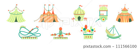 Fairground with Tent, Ice Cream Stall and Carousel Vector Set Fairground with Tent, Ice Cream Stall and Carousel Vector Set 111566100