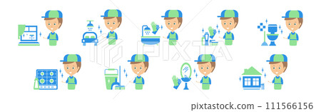 Cleanup Service with Man and Housework Flat Icon Vector Set 111566156