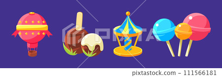 Amusement Park and Funfair Object with Candy and Hot Air Balloon Vector Set Amusement Park and Funfair Object with Candy and Hot Air Balloon Vector Set 111566181