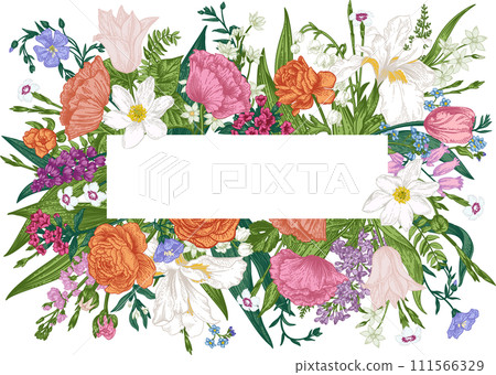 Floral frame. Card with place for text. Horizontal. Botanical illustration. Ranunculus, forest anemone, white iris, carnation, flax, forget-me-not, lilac, levkoy. Blooming. Colorful. 111566329