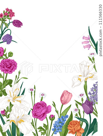Vivid spring card with garden and forest flowers. Wedding invitation. Colorful. Engraving style. Vivid spring card with garden and forest flowers. Wedding invitation. Colorful. Engraving style. 111566330