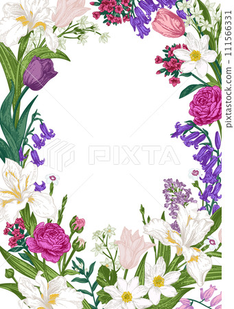 Floral card. Frame with garden flowers. Botanical illustration. Blooming. Colorful. Engraving style. Floral card. Frame with garden flowers. Botanical illustration. Blooming. Colorful. Engraving style. 111566331