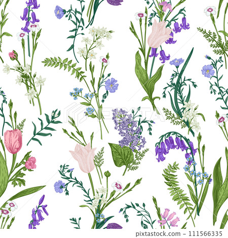 Seamless botanical pattern with garden and wild flowers. Floral background. Blue and pink. Engraving style. 111566335