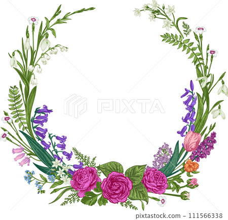 Flower wreath. Botanical illustration. Vintage style. Wedding invitation. Colorful. 111566338