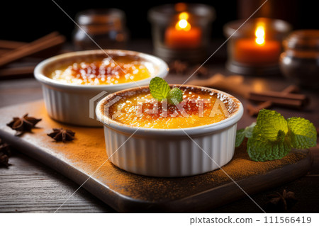Two servings of creme brulee traditional French vanilla cream dessert on wooden board, rustic style 111566419