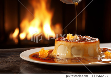 Creme brulee traditional French vanilla cream dessert. Visually enticing image set in modern kitchen 111566427