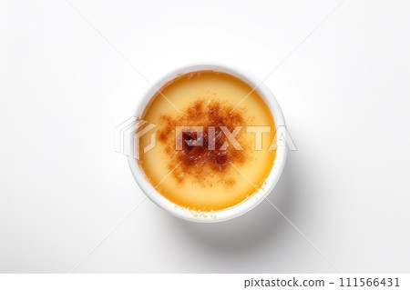 Top view of creme brulee traditional French vanilla cream dessert isolated on the white background 111566431