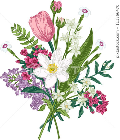Floral blooming bouquet. Thank you card. Botanical illustration. Colorful. Engraving style. Floral blooming bouquet. Thank you card. Botanical illustration. Colorful. Engraving style. 111566470