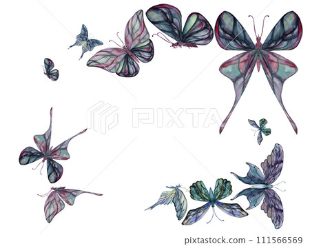 Hand drawn watercolor illustration butterfly fairy wings gem crystal insect moth. Tourmaline pearl labradorite opal. Horizontal frame isolated on white background. Design print shop, wedding, birthday Hand drawn watercolor illustration butterfly fairy wings gem crystal insect moth. Tourmaline pearl labradorite opal. Horizontal frame isolated on white background. Design print shop, wedding, birthday 111566569
