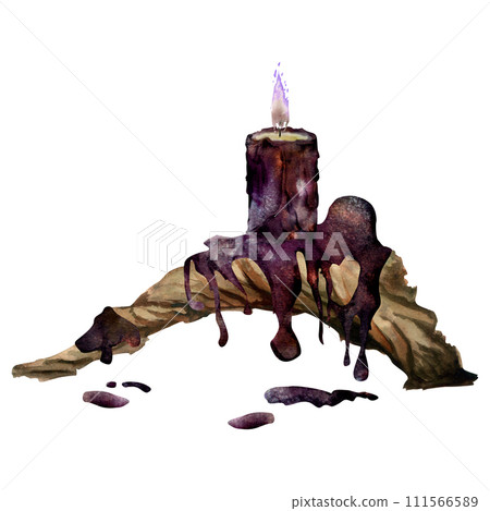 Hand drawn watercolor sea witch altar objects. Burning pillar and ball votive candles on bog driftwood, gothic purple. Composition isolated on white background. Design print, shop, magic, witchcraft Hand drawn watercolor sea witch altar objects. Burning pillar and ball votive candles on bog driftwood, gothic purple. Composition isolated on white background. Design print, shop, magic, witchcraft 111566589