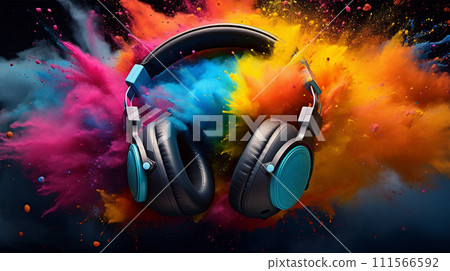 明亮的色彩爆炸和耳機 111566592