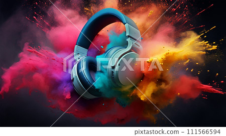 明亮的色彩爆炸和耳機 111566594