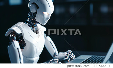 Blurred humanoid robot working with laptop computer in dark office space 111566605