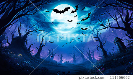 Halloween background with bats flying in the night forest, horror illustration. selective focus. Generative AI Halloween background with bats flying in the night forest, horror illustration. selective focus. Generative AI 111566662