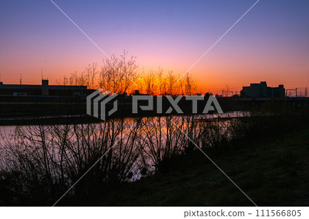 Beautiful sunrise over Mukogawa River Beautiful sunrise over Mukogawa River 111566805