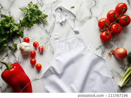 Advertising shot of kitchen fabric white apron, cook uniform, protection apparel on marble table with vegetables and greens on it 111567196