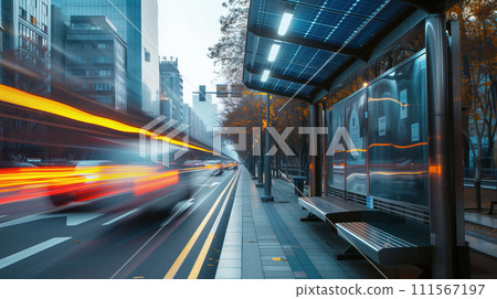 Empty bus stop near the road with cars passing through with sunset falling on buildings in the city Empty bus stop near the road with cars passing through with sunset falling on buildings in the city 111567197