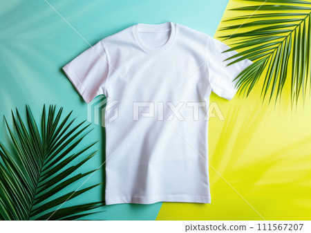 Advertising shot from above of white clean no brand t-shirt, areca palm decorations on yellow blue background 111567207