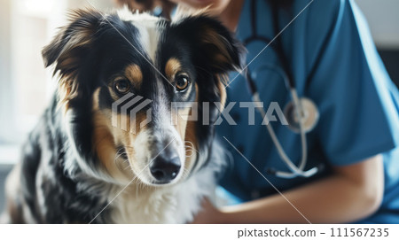 Colorful mongrel dog at a veterinarian's appointment laying on the table and afraid doctor in a medical gown in the background Colorful mongrel dog at a veterinarian's appointment laying on the table and afraid doctor in a medical gown in the background 111567235