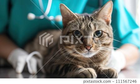 Gray cat at a veterinarian's appointment lies quietly on the table, a doctor in white gloves in the background Gray cat at a veterinarian's appointment lies quietly on the table, a doctor in white gloves in the background 111567246
