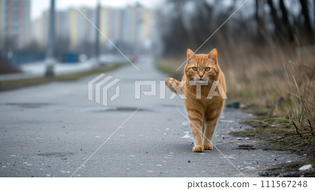 Advertising portrait, banner a lush red cat walks along the road on the street, with city landscape on the background Advertising portrait, banner a lush red cat walks along the road on the street, with city landscape on the background 111567248
