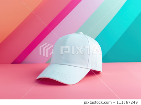Advertising shot of white fabric sport, denim, every day, tennis head cap laying on pink surface with colorful background Advertising shot of white fabric sport, denim, every day, tennis head cap laying on pink surface with colorful background 111567249