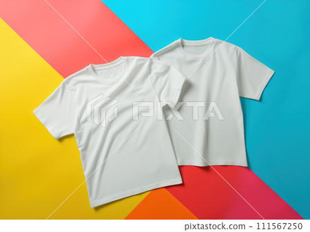 Advertising shot top view of white clean no brand t-shirts, on colored yellow blue red background Advertising shot top view of white clean no brand t-shirts, on colored yellow blue red background 111567250