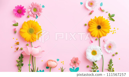 Pink flat lay with many colored spring and summer flowers on it. View from the above Pink flat lay with many colored spring and summer flowers on it. View from the above 111567257
