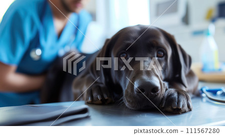 Sad black dog at a veterinarian's appointment laying on the table and afraid doctor in a medical gown in the background 111567280