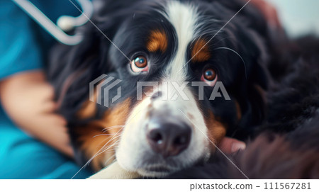 Swiss mountain dog at a veterinarian's appointment laying on the table and afraid doctor in a medical gown in the background Swiss mountain dog at a veterinarian's appointment laying on the table and afraid doctor in a medical gown in the background 111567281