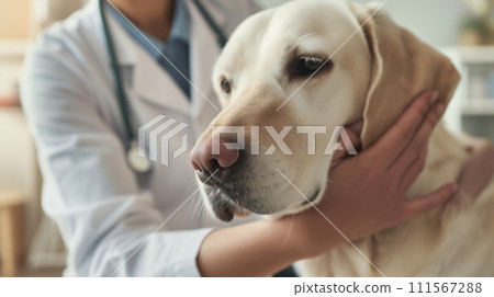 Veterinarian petting relaxed white dog after inspection of its health, doctor in a medical gown and gloves at the background Veterinarian petting relaxed white dog after inspection of its health, doctor in a medical gown and gloves at the background 111567288