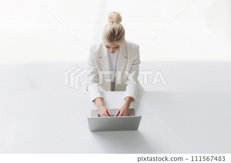 Focused Businesswoman at Work. Top View, white background. 111567483