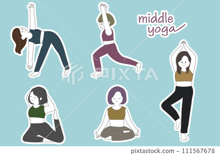 中年女性瑜珈姿勢白邊套裝 中年女性瑜珈姿勢白邊套裝 111567678
