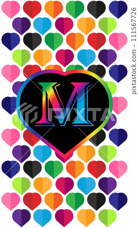 Letter M in the heart of the colorful hearts on a white background Letter M in the heart of the colorful hearts on a white background 111567726