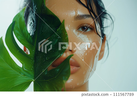 Large Monstera leaf obscuring woman face, wet skin look , close-up. 111567789