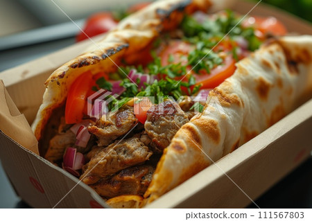 Doner kebab packaging, featuring a well-presented and appetizing kebab nestled in a to-go box 111567803