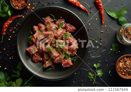 Raw meat spiced with cayenne in a skillet, top view, surrounded by whole cayenne peppers and spice jars. 111567849
