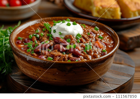 Steaming hot, meaty chili in a rustic bowl, garnished with sour cream, green onions, and a side of cornbread. Steaming hot, meaty chili in a rustic bowl, garnished with sour cream, green onions, and a side of cornbread. 111567850