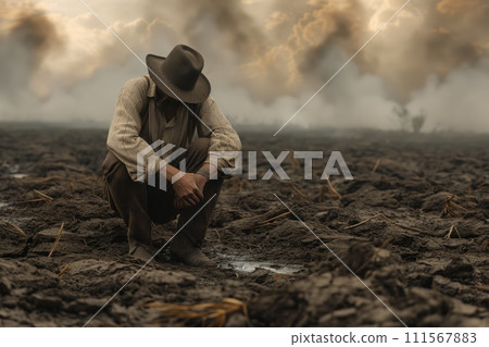 Despairing farmer, scorched fields under drought, twisted dying crops, bleak agricultural landscape 111567883
