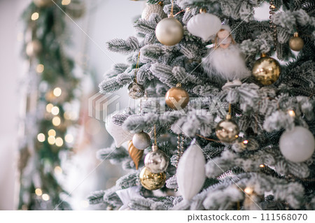 Christmas background, Christmas tree decorated with light balls 111568070