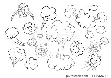 Comic motion effect, clouds speed way, trail set fast wind swirl, puff poof elements isolated on white background. Blow explosion 111568716