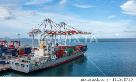 Aerial view container cargo ship maritime carrying container, Global business import export logistic freight shipping transportation international by container cargo ship, Container fright shipping. 111568730