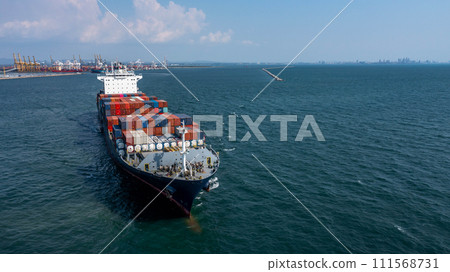 Aerial view container cargo ship maritime carrying container, Global business import export logistic freight shipping transportation international by container cargo ship, Container fright shipping. 111568731