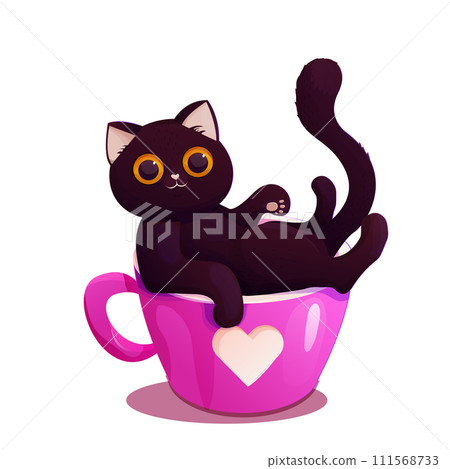 Black funny cat in pink cup with heart, cute cartoon character waving pet. Adorable love card, kitten in mug. Black funny cat in pink cup with heart, cute cartoon character waving pet. Adorable love card, kitten in mug. 111568733
