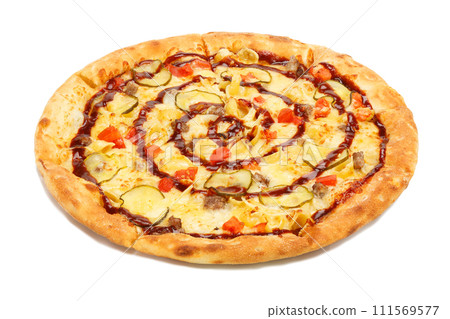 Top view on italian pizza with bacon and pickled cucumbers Top view on italian pizza with bacon and pickled cucumbers 111569577