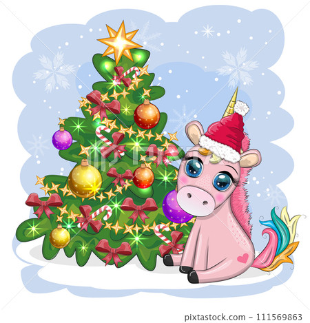 Cute cartoon unicorn in santa hat near christmas tree with gifts, balls. New Year and Christmas greeting card. 111569863