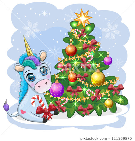 Cute cartoon unicorn in santa hat near christmas tree with gifts, balls. New Year and Christmas greeting card. 111569870