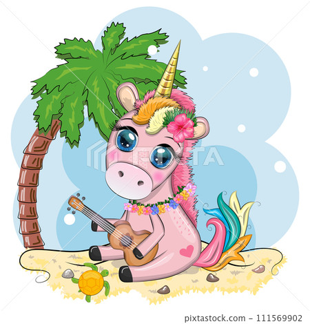 Cute Cartoon Unicorn with colorful hair is playing guitar 111569902