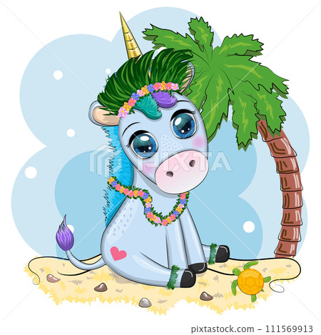 Cute cartoon unicorn dressed as a hula dancer, Hawaii, ready to go character. Summer, sea, palm trees, beach. Cute cartoon unicorn dressed as a hula dancer, Hawaii, ready to go character. Summer, sea, palm trees, beach. 111569913