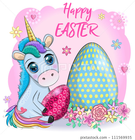 Easter unicorn cartoon character with easter egg, postcard. 111569935